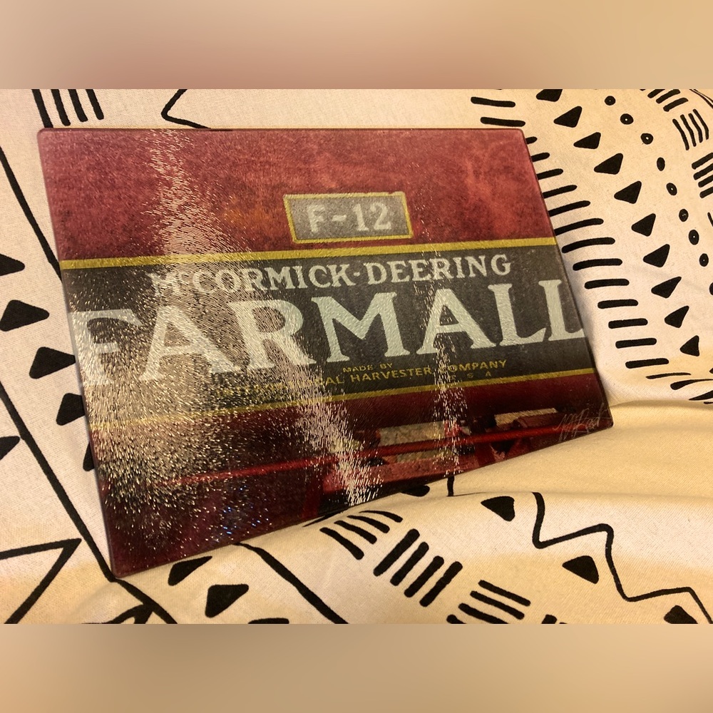 Original Fine Art Printed Glass Cutting Board, Vintage Tractor Farming Farmhouse